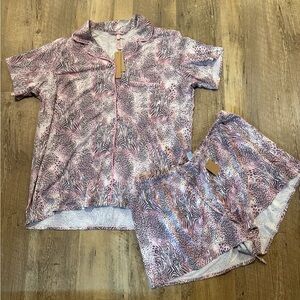 NWT SKIMS Sleep Short Sleeve Button Up Pajama Set Pink BLOOM MINI MULTI ANIMAL